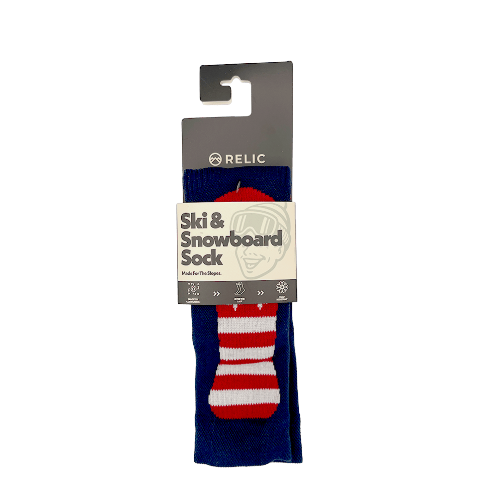 Relic navy blue ski and snowboard socks with a red and white striped pattern on retail packaging.