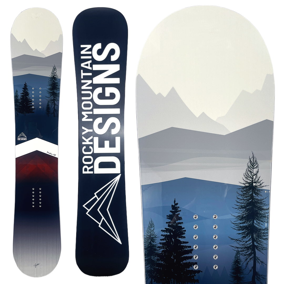 Snowboard with mountain and tree design on a white background