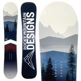 Snowboard with mountain and tree design on a white background