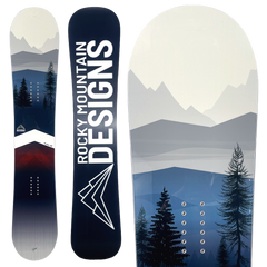 Snowboard with mountain and tree design on a white background