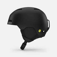 Side profile of a matte black Giro Ledge MIPS snow helmet with top vents, ear pads, and a goggle clip.