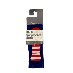 Relic navy blue ski and snowboard socks with a red and white striped pattern on retail packaging.