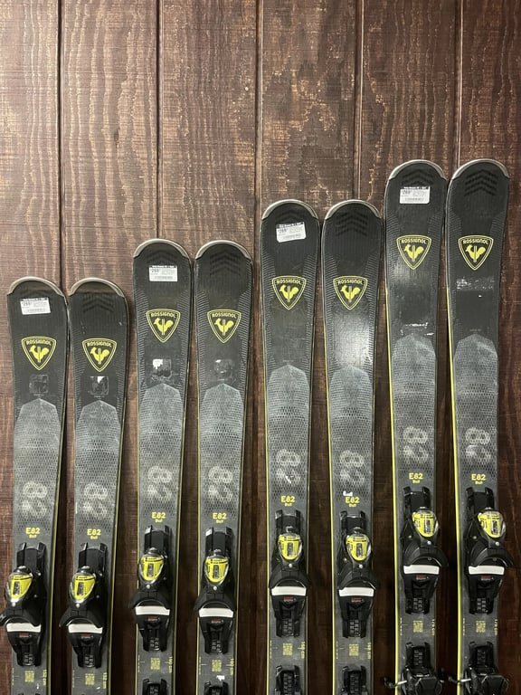 used 2024 Rossignol Experience 82 Basalt skis with black and yellow bindings